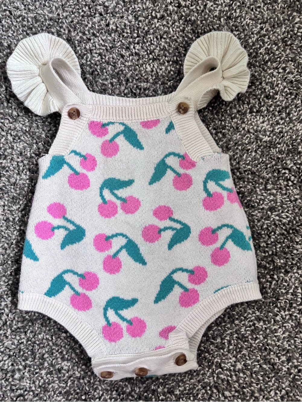Little Lass Cream Knit Cherry Romper with Pink & Teal Accents